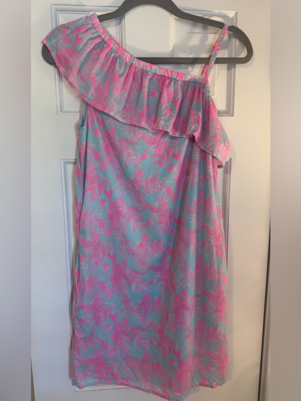 Vineyard Vines Girls One Shoulder Ruffle Dress Pink and Blue Size 14